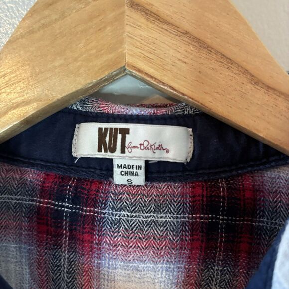 Kut From The Cloth Womens Plaid Button Up Top Maroon Long Sleeve Snaps S… - Picture 3 of 7